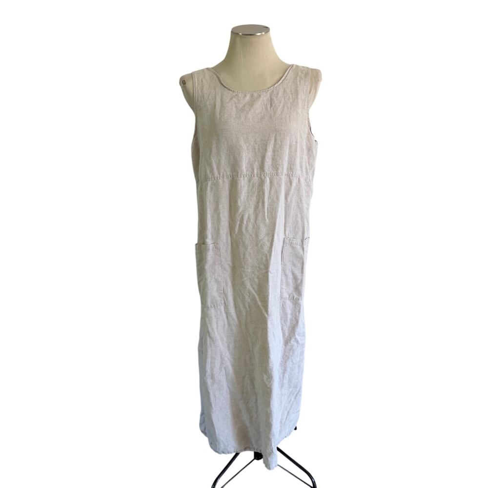 Beige Linen Maxi Dress M Pockets Lightweight Minimalist Lagenlook Loose Boho